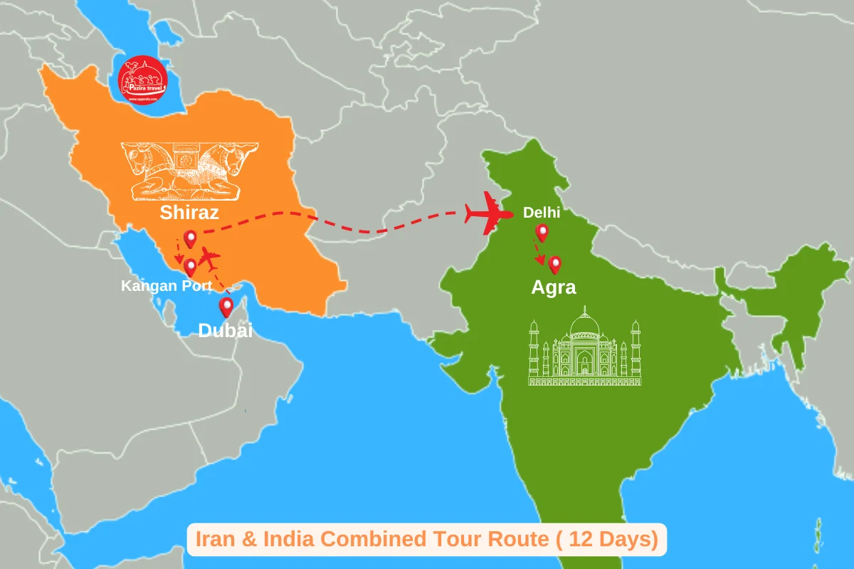 Iran & India combined tour route map (12 days)